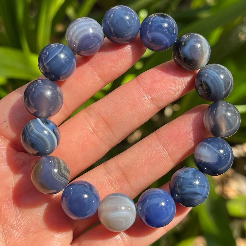 14mm stretchable blue gray banded agate bracelet‎
